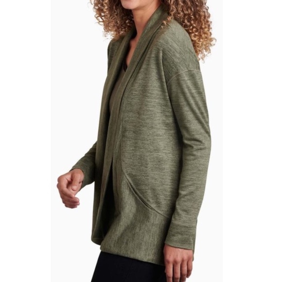 Kuhl | Open Front Shawl Collar Heather Green Lea Wrap Cardigan Medium - Picture 2 of 15